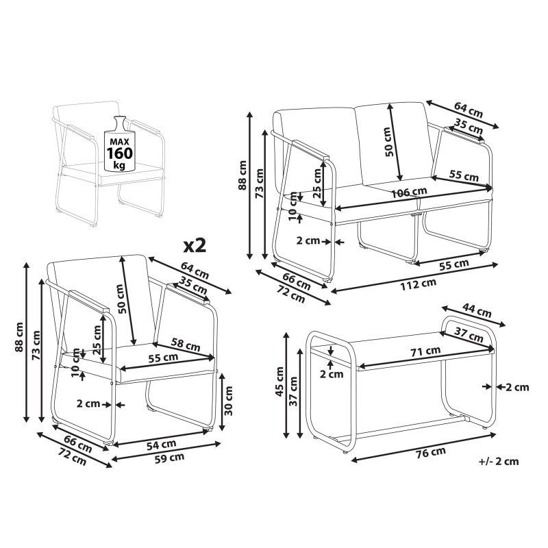 Zestaw ogrodowy ze stolikiem dla 4 osób VEZZANA Metal Szary