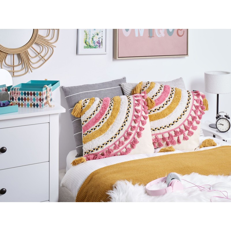 2 bawełniane poduszki dekoracyjne tuftowane z frędzlami 45 x 45 cm wielokolorowe JAMMU