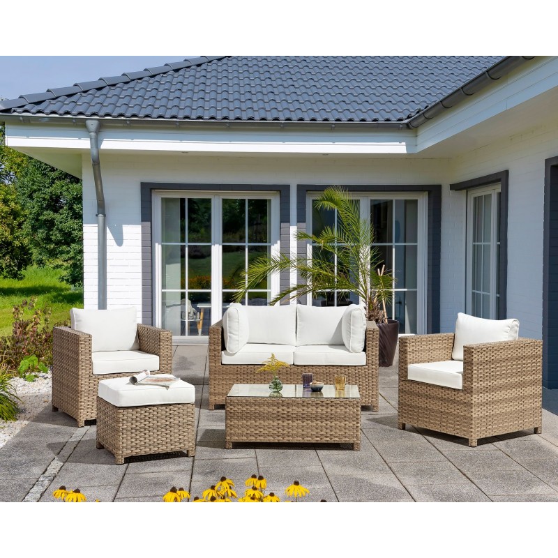 Zestaw ogrodowy ze stolikiem i otomaną dla 4 osób MILANO Technorattan Złamana biel