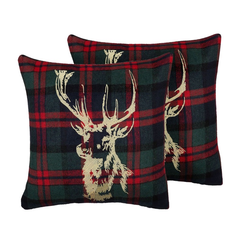 Zestaw 2 poduszek dekoracyjnych RUDOLPH 45 x 45 cm Czerwony Zielony Złoty Niebieski Czarny Wzór świąteczny