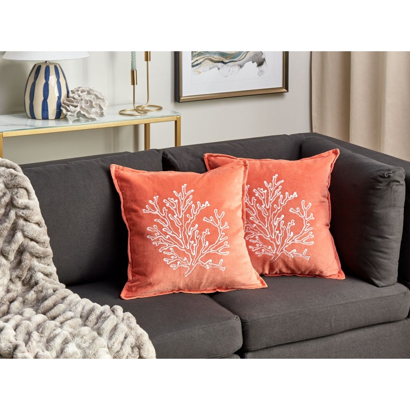 Zestaw 2 poduszek dekoracyjnych NORI Welur 45 x 45 cm Koralowy Wzór roślinny