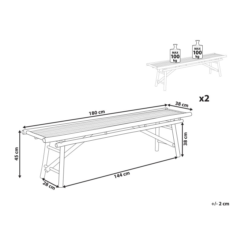 Zestaw 2 ławek ogrodowych TINDARI 180 cm Drewno bambusowe Jasnobrązowy