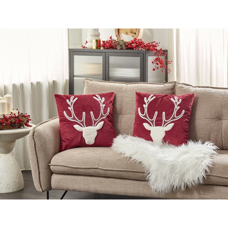 Zestaw 2 poduszek dekoracyjnych BICOCCA Welur 45 x 45 cm Bordowy Wzór świąteczny