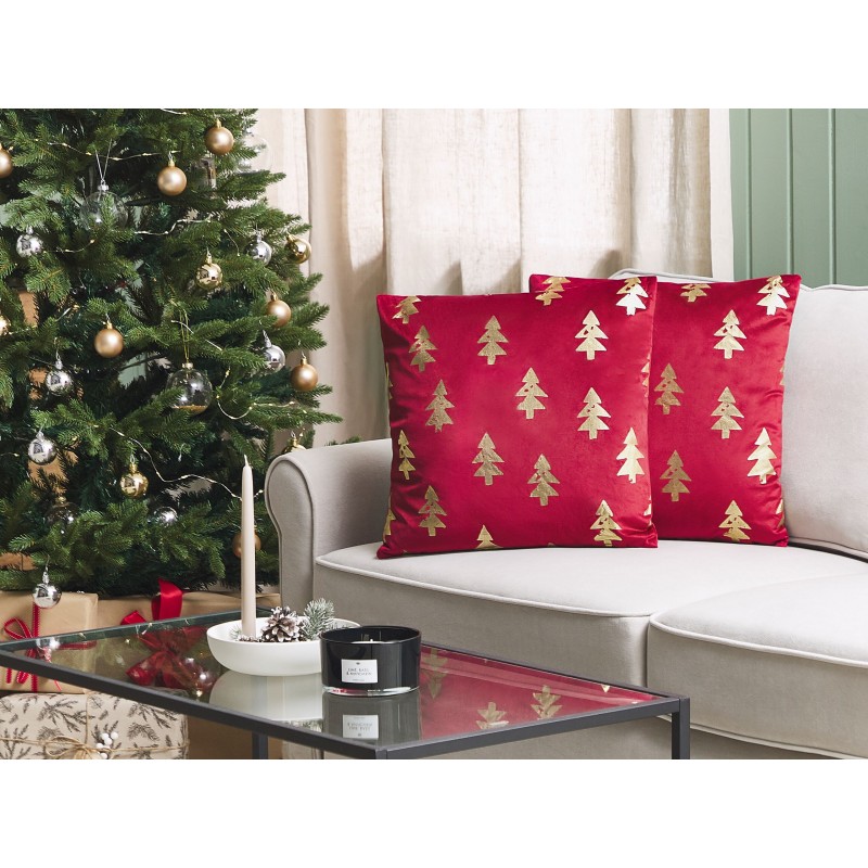 Zestaw 2 poduszek dekoracyjnych CUPID Welur 45 x 45 cm Czerwony Wzór świąteczny