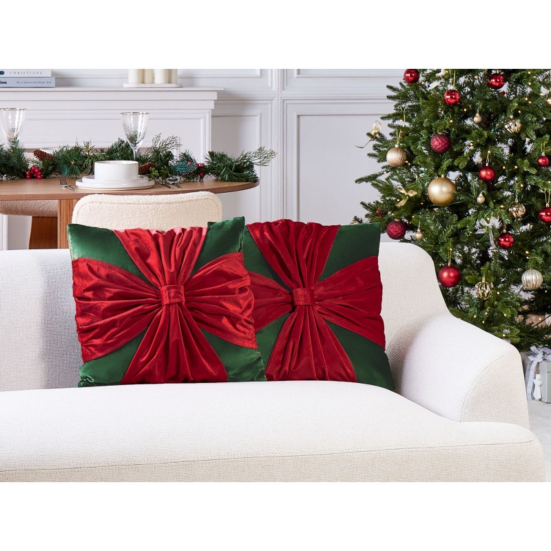 Zestaw 2 poduszek dekoracyjnych MARSHMALLOW Welur 45 x 45 cm Czerwony Zielony Wzór świąteczny
