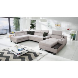 U-shaped corner sofa Avanti V with a sleeping function, lamp with USB port, and velvet fabric, Whisper 16