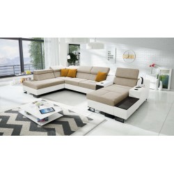 Sofá esquinero en forma de U Avanti V con función de cama, lámpara con puerto USB y tela de terciopelo, Whisper 3 + Eco-cuero.