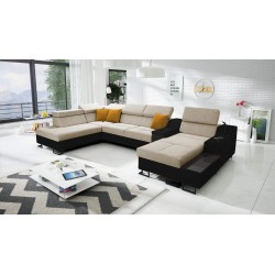 U-shaped corner sofa Avanti V with a sleeping function, lamp with USB port, and Velvet fabric, Whisper 3 + Black Eco-leather