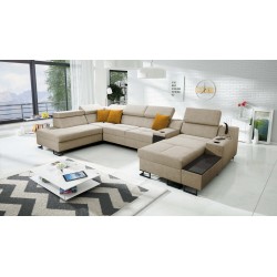 U-shaped Avanti V sectional sofa with a sleeping function, USB port lamp, and Whisper 3 velvet fabric.