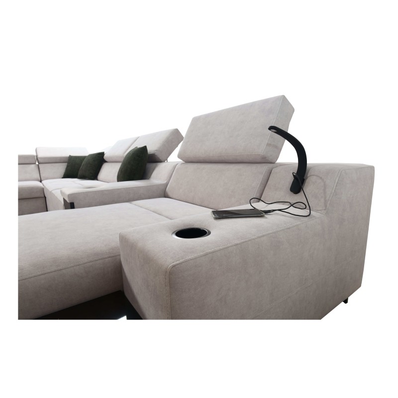 U-shaped Avanti V sectional sofa with a sleeping function, USB port lamp, and Whisper 3 velvet fabric.