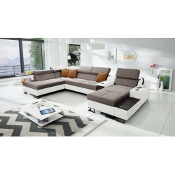 U-shaped Avanti V sectional sofa with a sleeping function, a lamp with a USB port, and Velour fabric in Whisper 5 + Eco-leather