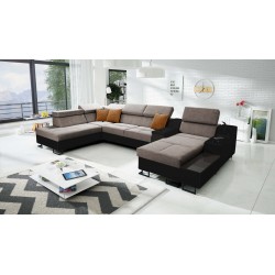 U-shaped Avanti V sectional sofa with a sleeping function, lamp with USB port, and Velour fabric, Whisper 5 + black Eco-leather
