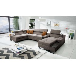 U-förmiges Ecksofa Avanti V mit Schlaffunktion, Lampe mit USB-Anschluss und Samtstoff, Whisper 5