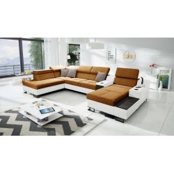 Sofá esquinero en forma de U Avanti V con función de cama, lámpara con puerto USB y tela de terciopelo, Whisper 9 + ecopiel