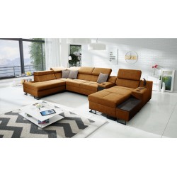 U-förmiges Ecksofa Avanti V mit Schlaffunktion, Lampe mit USB-Anschluss und Samtstoff, Whisper 9