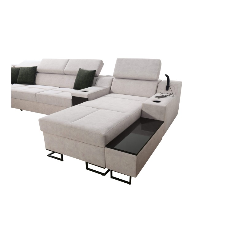 U-förmiges Ecksofa Avanti V mit Schlaffunktion, Lampe mit USB-Anschluss und Samtstoff, Whisper 9