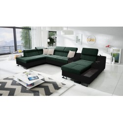 The Avanti V U-shaped corner sofa with a sleeping function, lamp with USB port, and fabric in Velvet, Whisper 11 + Black Eco-lea
