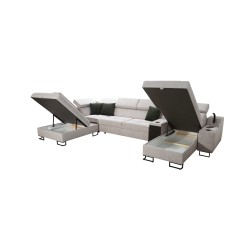 U-förmiges Ecksofa Avanti V mit Schlaffunktion, Lampe mit USB-Anschluss und Samtstoff, Whisper 11 + schwarzes Kunstleder