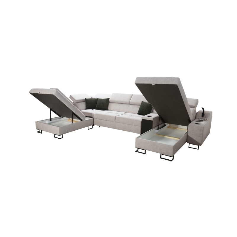 Sofá en forma de U Avanti V con función de cama, lámpara con puerto USB y tela de terciopelo, Whisper 11 + Cuero ecológico negro