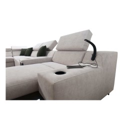 Sofá en forma de U Avanti V con función de cama, lámpara con puerto USB y tela de terciopelo, Whisper 11 + Cuero ecológico negro