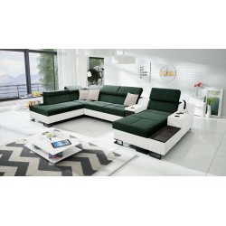 U-shaped Avanti V sectional sofa with a sleeping function, lamp with USB port, and Velvet fabric, Whisper 11 + Eco-leather