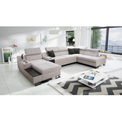 U-shaped corner sofa Avanti V with a sleeping function, lamp with USB port, and velvet fabric, Whisper 16