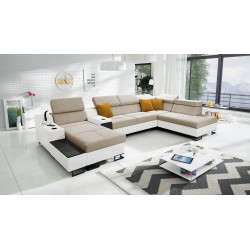 U-förmiges Sofa Avanti V mit Schlaffunktion, Lampe mit USB-Anschluss und Stoff Velours, Whisper 3 + Ökoleder