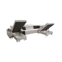 U-förmiges Sofa Avanti V mit Schlaffunktion, Lampe mit USB-Anschluss und Stoff Velours, Whisper 3 + Ökoleder