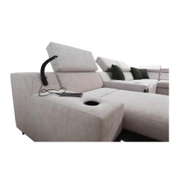 U-förmiges Sofa Avanti V mit Schlaffunktion, Lampe mit USB-Anschluss und Stoff Velours, Whisper 3 + Ökoleder