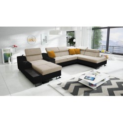 U-förmiges Ecksofa Avanti V mit Schlaffunktion, Lampe mit USB-Anschluss und Veloursstoff, Whisper 3 + schwarzes Kunstleder