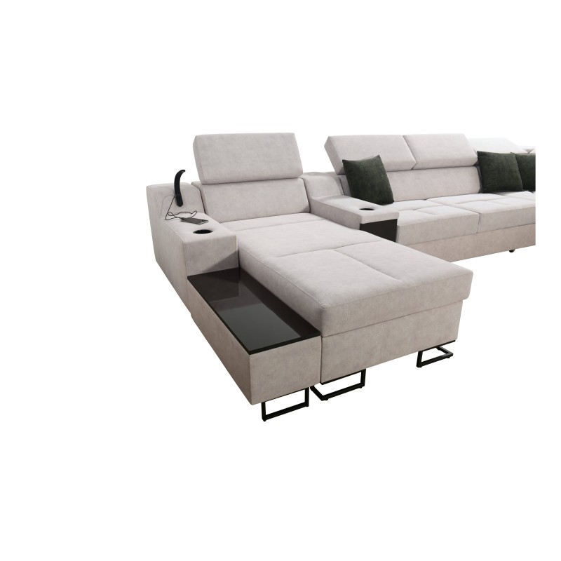 Sofá esquinero en forma de U Avanti V con función de cama, lámpara con puerto USB y tela de terciopelo, Whisper 3 + cuero ecológ