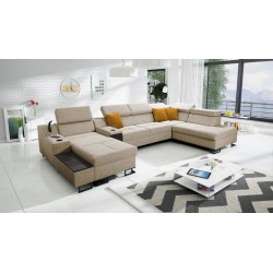 U-shaped Avanti V sectional sofa with a sleeping function, USB port lamp, and Whisper 3 velvet fabric.