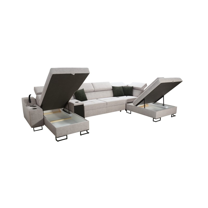 Esquinero en forma de U Avanti V con función de cama, lámpara con puerto USB y tela de terciopelo, Whisper 5 + Eco-cuero