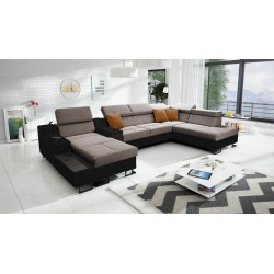 U-shaped Avanti V sectional sofa with a sleeping function, lamp with USB port, and Velour fabric, Whisper 5 + black Eco-leather