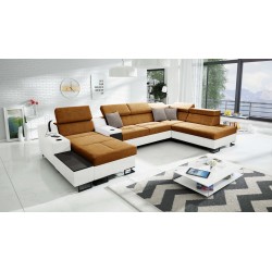 U-shaped Avanti V sectional with a sleeping function, USB port lamp, and Velvet fabric, Whisper 9 + Eco-leather