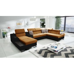 Sofá en forma de U Avanti V con función de cama, lámpara con puerto USB y tela de terciopelo, Whisper 9 + ecopiel negra.