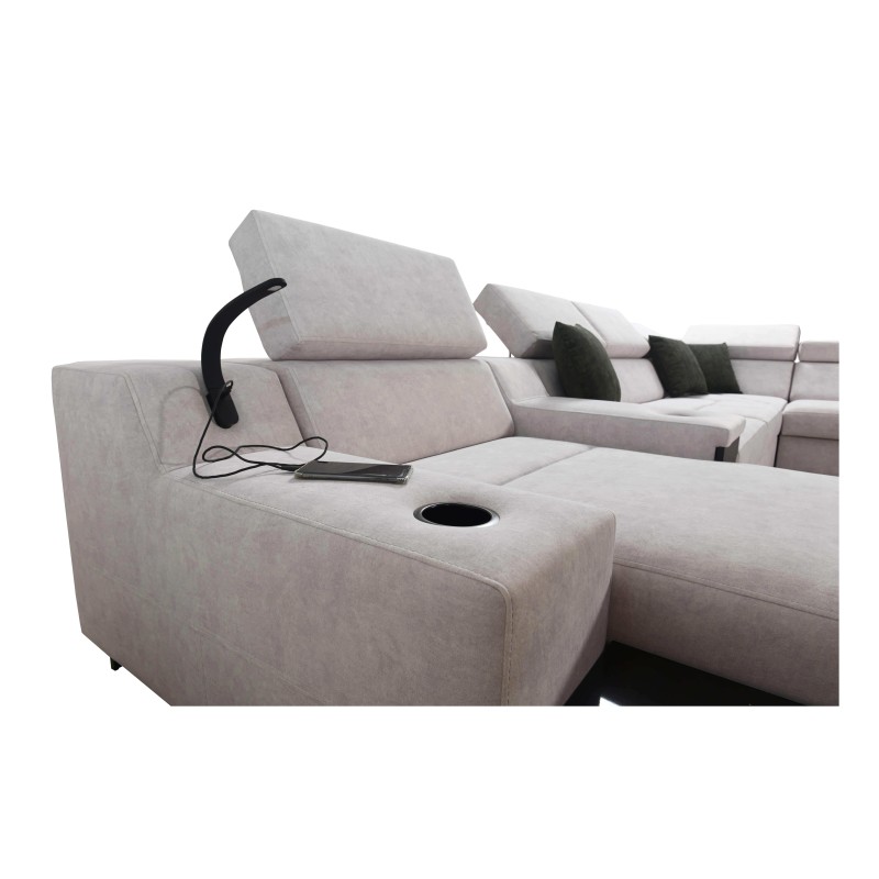 U-förmiges Sofa Avanti V mit Schlaffunktion, Lampe mit USB-Anschluss und Veloursstoff, Whisper 9 + schwarzes Kunstleder