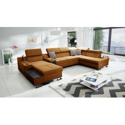 U-förmiges Ecksofa Avanti V mit Schlaffunktion, Lampe mit USB-Anschluss und Samtstoff, Whisper 9