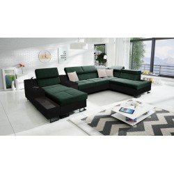 U-förmiges Ecksofa Avanti V mit Schlaffunktion, Lampe mit USB-Anschluss und Samtstoff, Whisper 11 + schwarzes Kunstleder