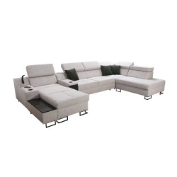 U-förmiges Ecksofa Avanti V mit Schlaffunktion, Lampe mit USB-Anschluss und Samtstoff, Whisper 11 + schwarzes Kunstleder