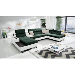 U-förmiges Ecksofa Avanti V mit Schlaffunktion, Lampe mit USB-Anschluss und Veloursstoff, Whisper 11 + Kunstleder