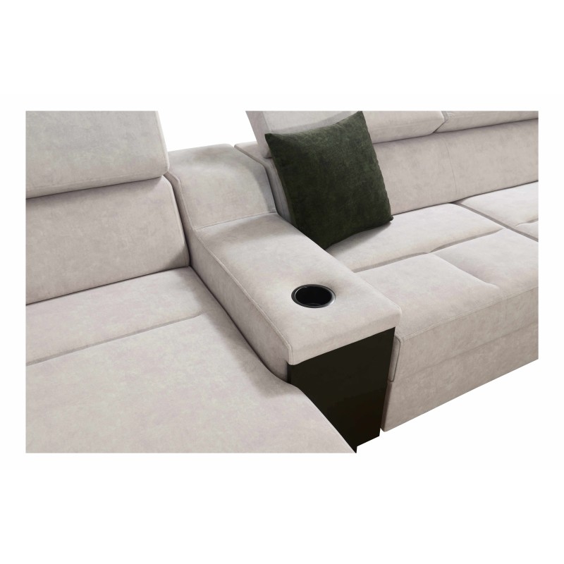 Sofá esquinero en forma de U Avanti V con función de cama, lámpara con puerto USB y tela de terciopelo, Whisper 11 + Ecopiel.