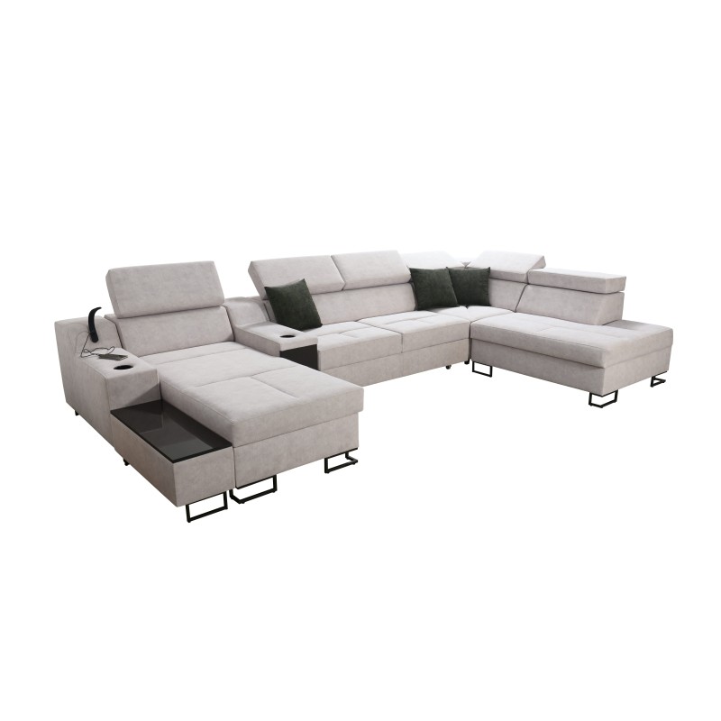 U-förmiges Ecksofa Avanti V mit Schlaffunktion, Lampe mit USB-Anschluss und Veloursstoff, Whisper 11 + Kunstleder