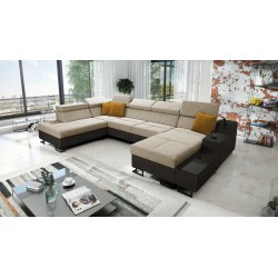 Luxury U-Shaped Corner Sofa Avanti VI with Sleeping Function - Velvet, Whisper 3 + Black Eco-Leather