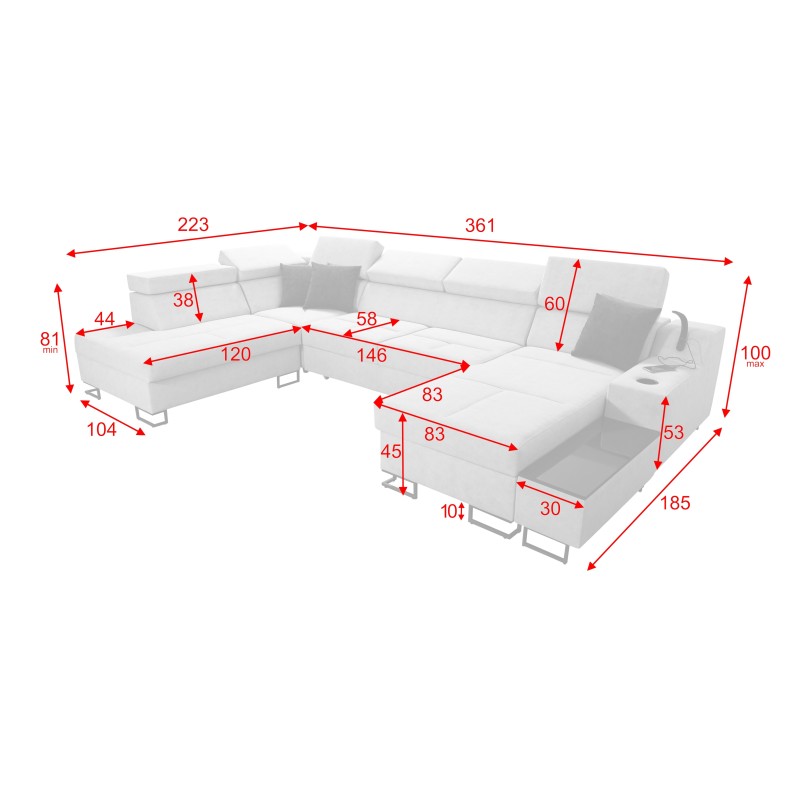 Luxuriöses U-förmiges Sofa Avanti VI mit Schlaffunktion - Samt, Whisper 9 + Ökoleder