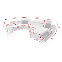 Luxury U-Shaped Corner Sofa Avanti VI with Sleeping Function - Velvet, Whisper 9 + Black Eco-leather