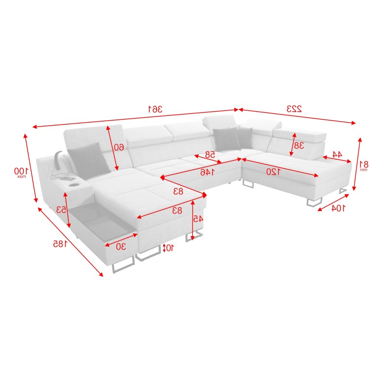 Luxus-Ecksofa in U-Form Avanti VI mit Schlaffunktion - Velours, Whisper 5 + Kunstleder