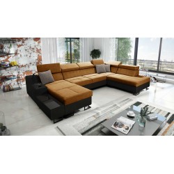 Luxury U-Shaped Corner Sofa Avanti VI with Sleeping Function - Velvet, Whisper 9 + Black Eco-leather