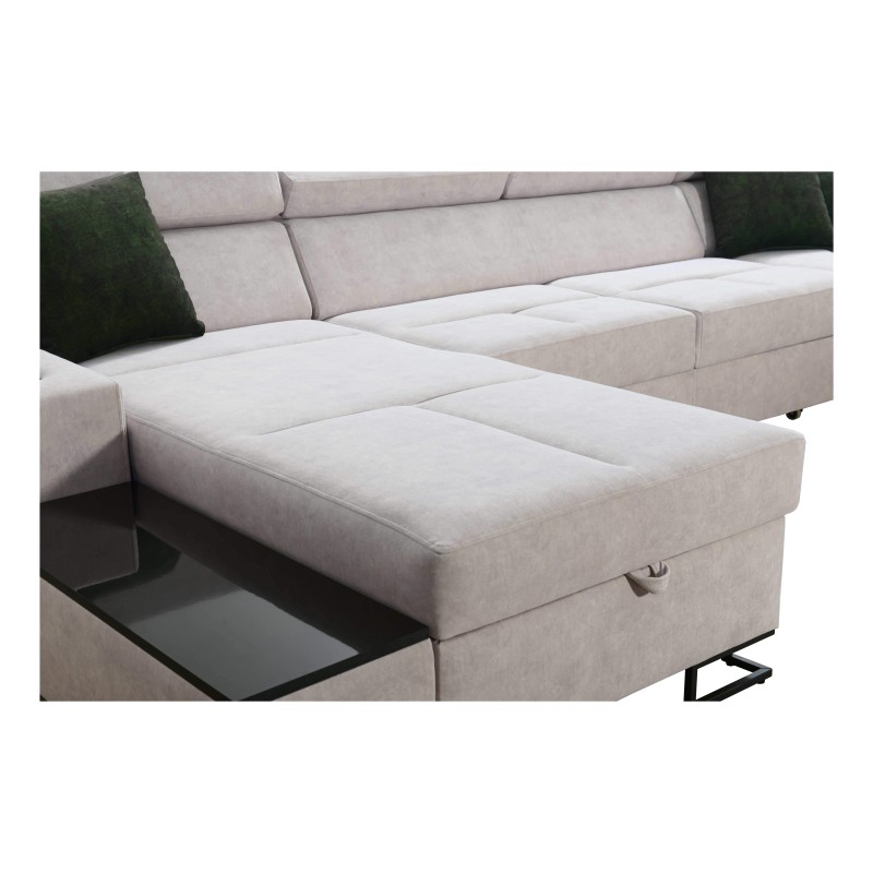 Sofá Esquinero de Lujo en Forma de U Avanti VI con Función de Cama - Terciopelo, Whisper 9 + Cuero Ecológico Negro