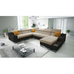 Ecksofa U Avanti VIII mit Schlaffunktion und USB-Lampe - Velours, Whisper 3 + schwarzes Ökoleder - Überprüfen Sie es!